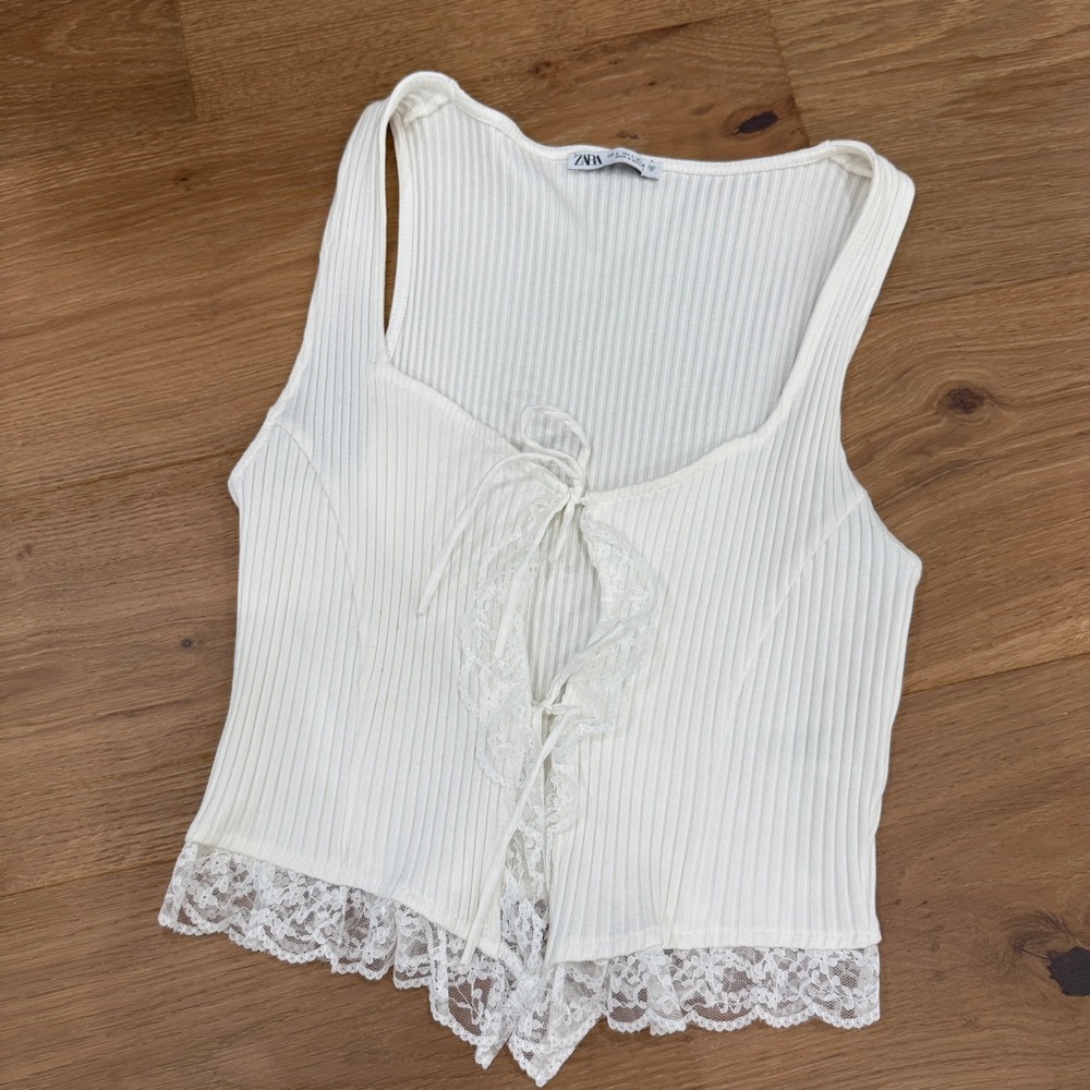 Zara White Ribbed Tie Front Sleeveless Tank Top